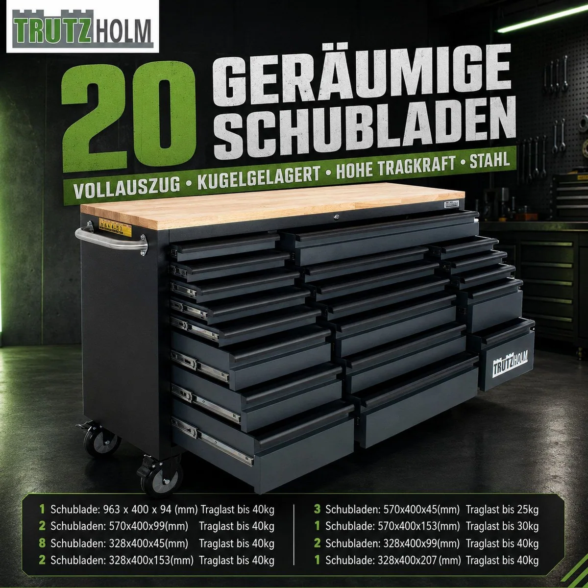 TRUTZHOLM Werkstattwagen Deluxe XXL, 20 Schubladen, Hartholz Arbeitsplatte, pulverbeschichtet 5