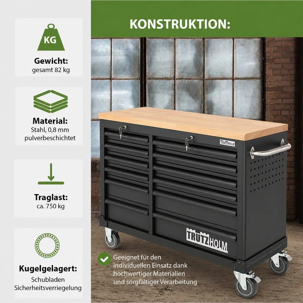 TRUTZHOLM Werkstattwagen DELUXE, 12 Schubladen, massive Arbeitsplatte, hohe Tragkraft 3