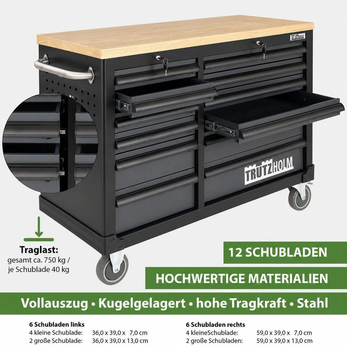 TRUTZHOLM Werkstattwagen DELUXE, 12 Schubladen, massive Arbeitsplatte, hohe Tragkraft 5