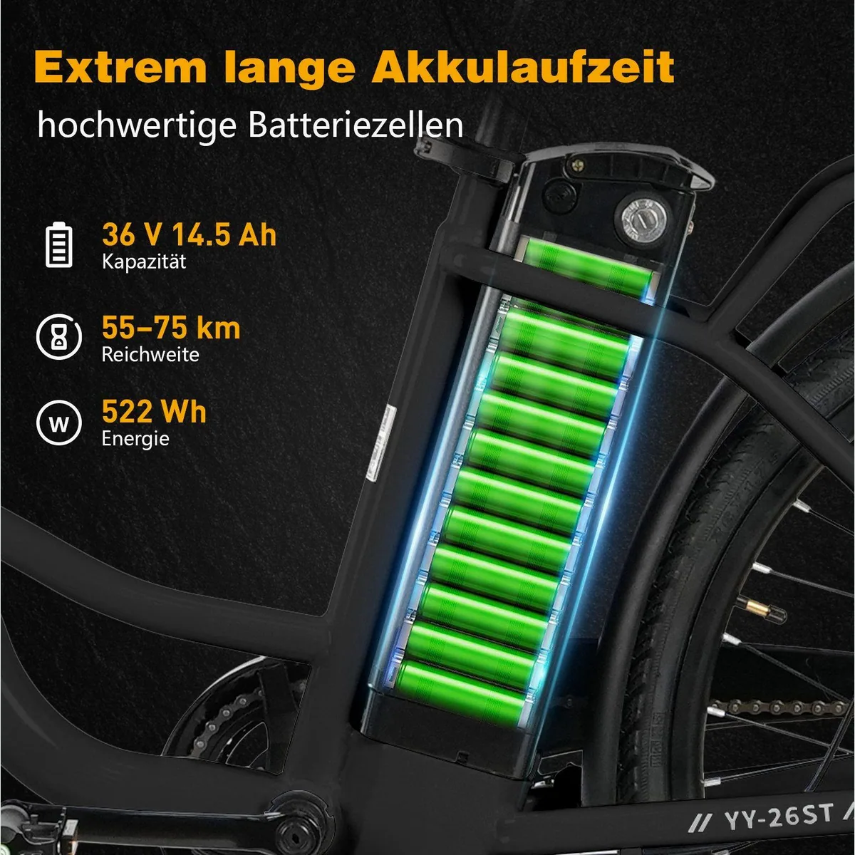TTGO E-Bike YY-26ST, ergonomischer Wellenrahmen, 14,5Ah Akku, 26 Zoll — ideal für Stadtfahrten 5
