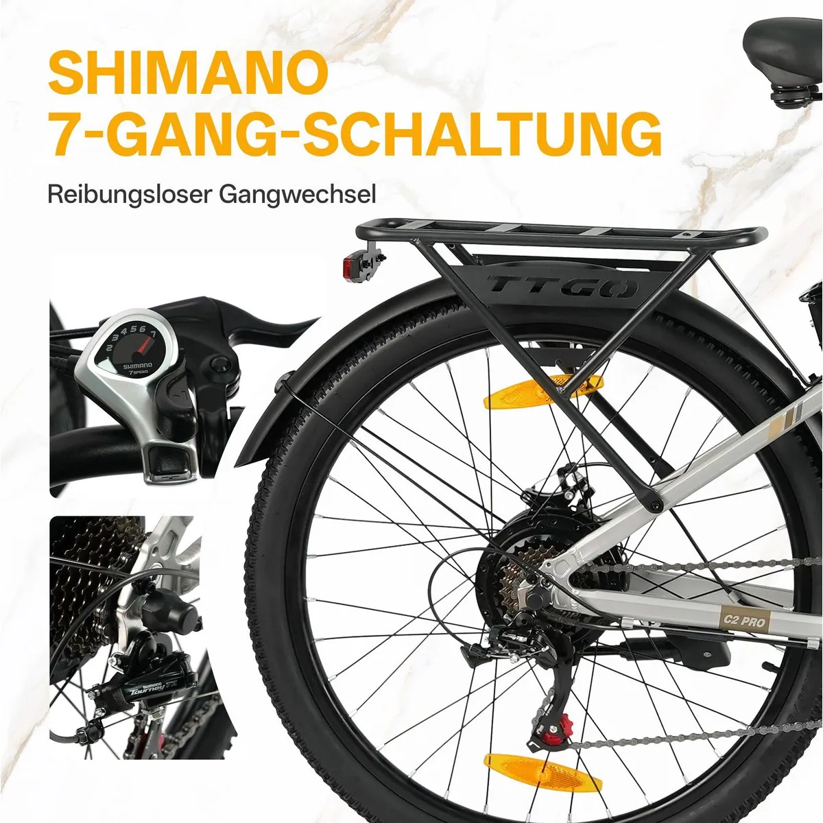 TTGO E-Bike Cityrad 26 Zoll, 650Wh Akku, 5 Unterstützungsstufen, 7-Gang SHIMANO 5