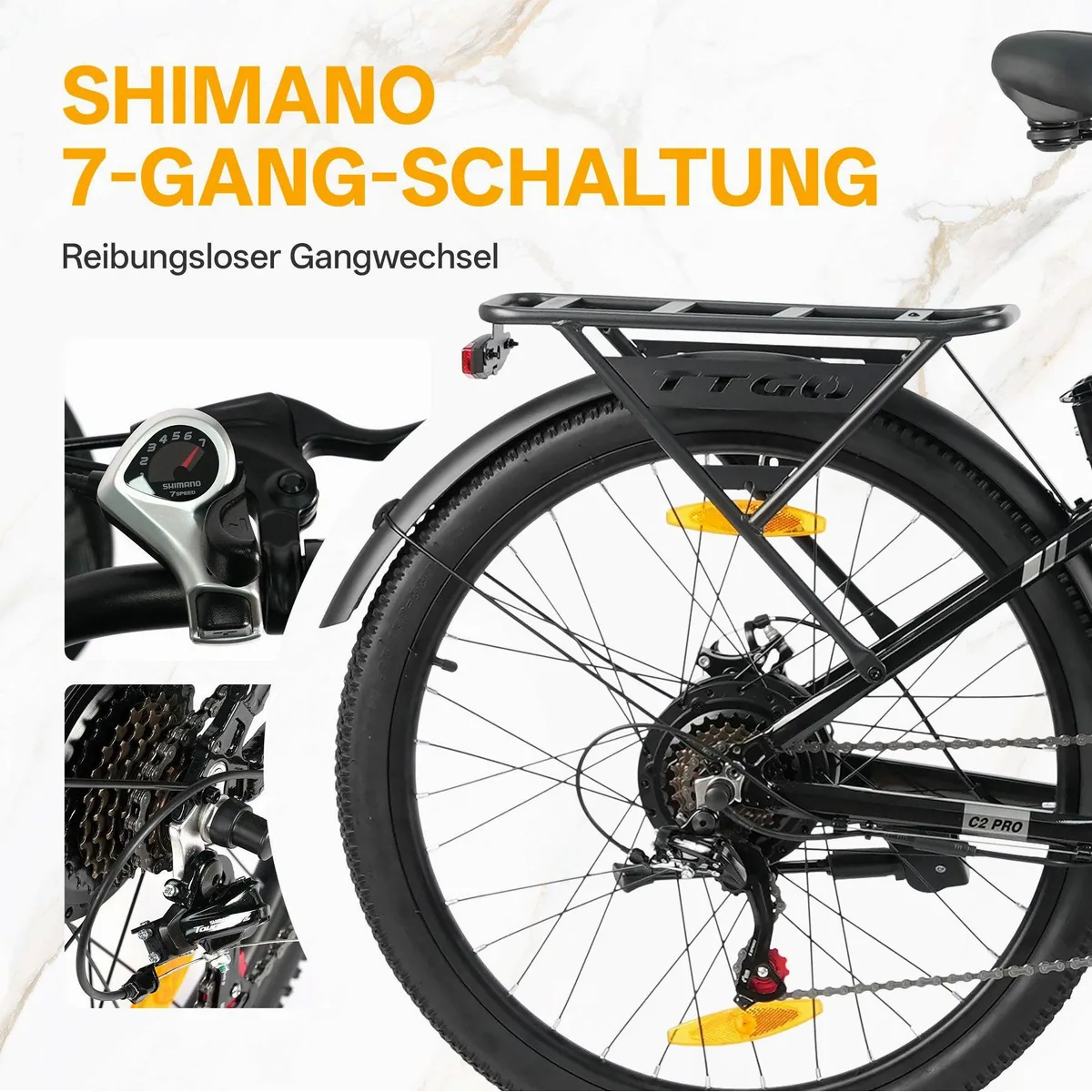 TTGO E-Bike Cityrad 26 Zoll, 80-120 km Reichweite, 7-Gang SHIMANO — Ideal für Stadt und Freizeit 4
