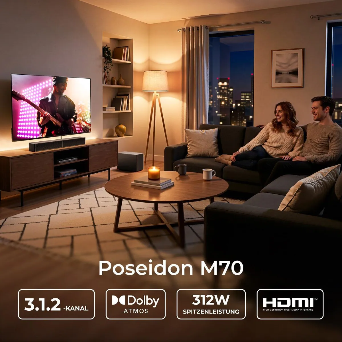 Ultimea Poseidon M70 Soundbar, Dolby Atmos 3.1.2, Wireless Subwoofer — 312 W, HDMI eARC, App-Steuerung 2