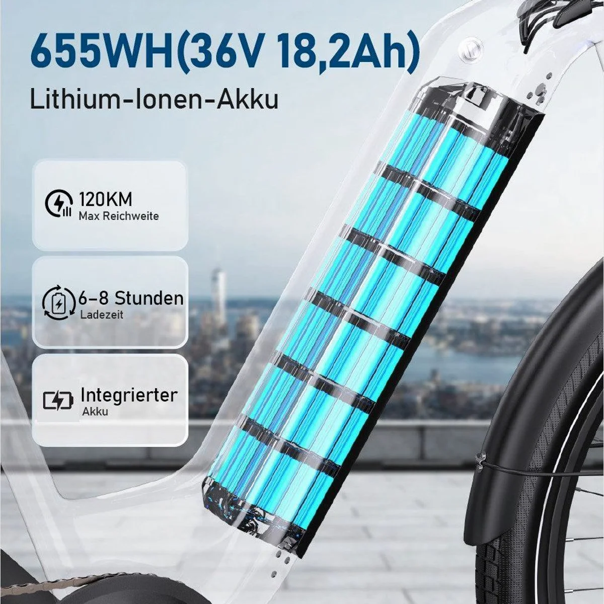 Vankel E-Bike Cityrad 28 Zoll, 655Wh Akku, 7-Gang Shimano 5