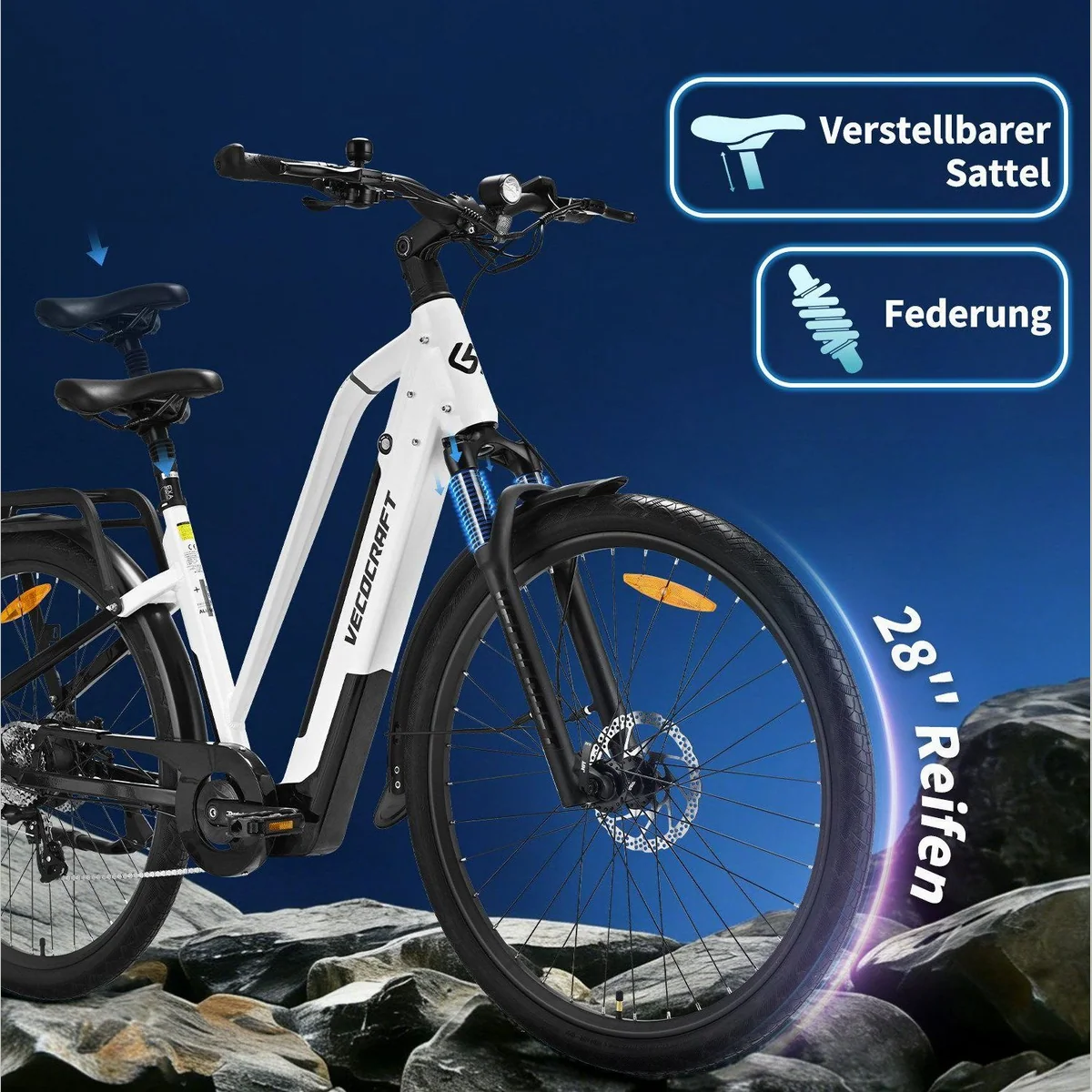 VECOCRAFT E-Bike Trekkingrad, 28'' Pedelec mit 48V Akku, 100 km Reichweite, 8-Gang Shimano 3