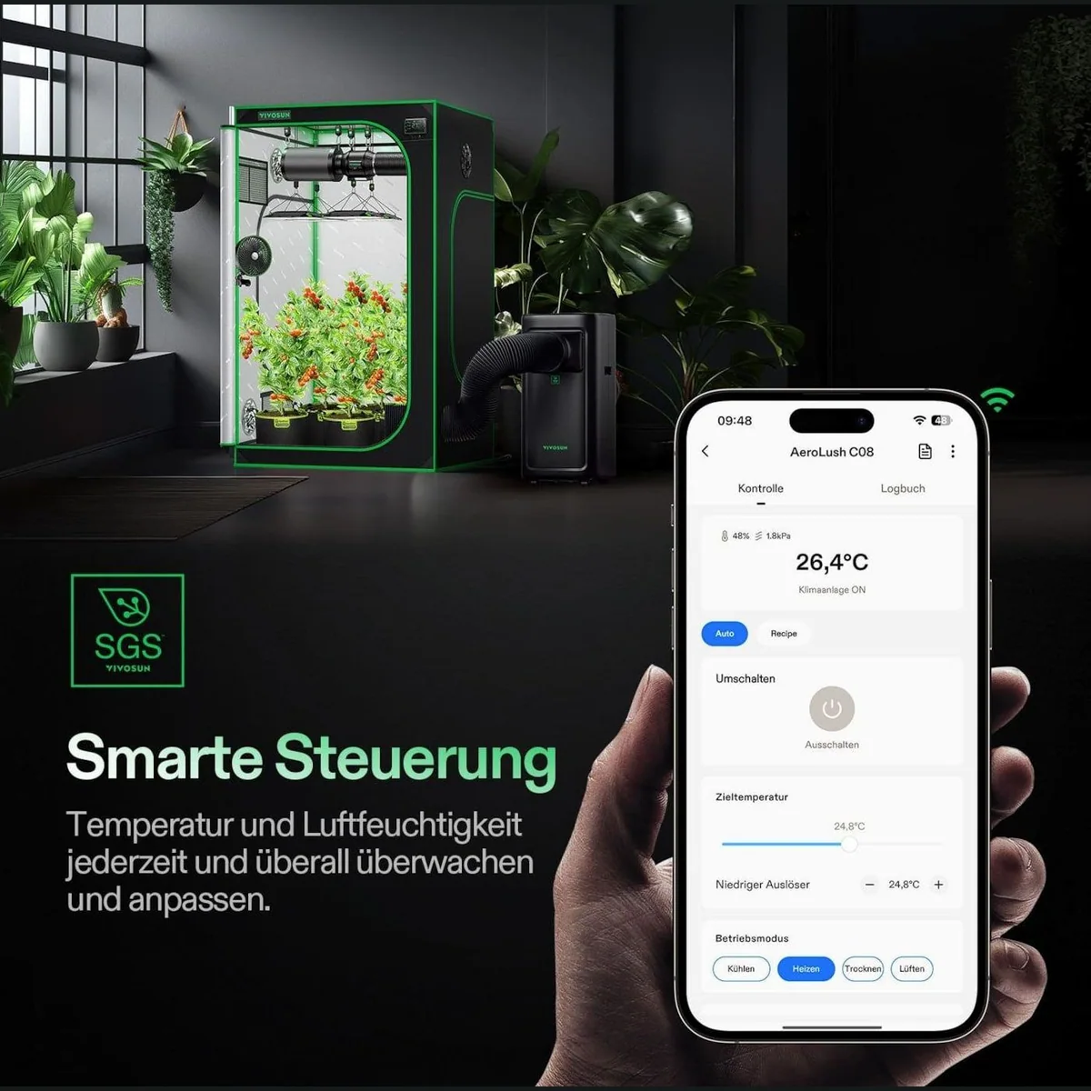 VIVOSUN AeroLush C08 Klimagerät, 4-in-1 System für Growzelte, intelligente Steuerung 3