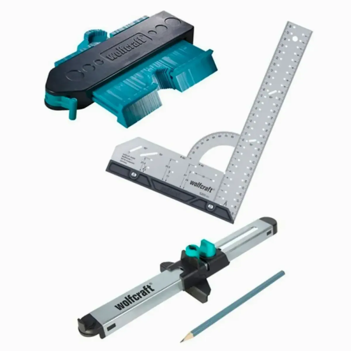 Wolfcraft Laminat- und Designboden Einpass Set, inkl. Universalwinkel, Konturenlehre, Laminateinpasser
