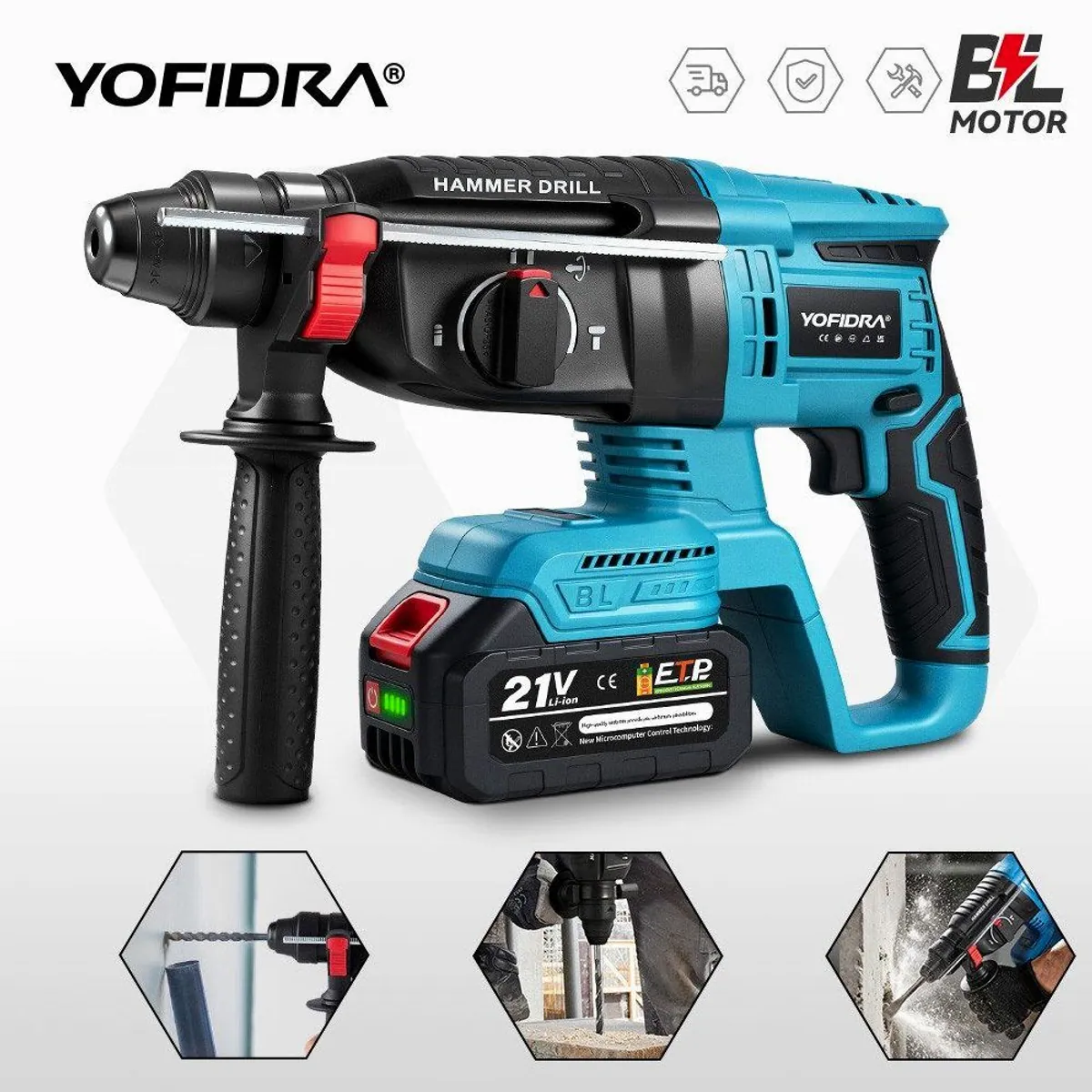 Yofidra Akku-Bohrhammer, bürstenloser Motor, 4 in 1 Funktionen 2