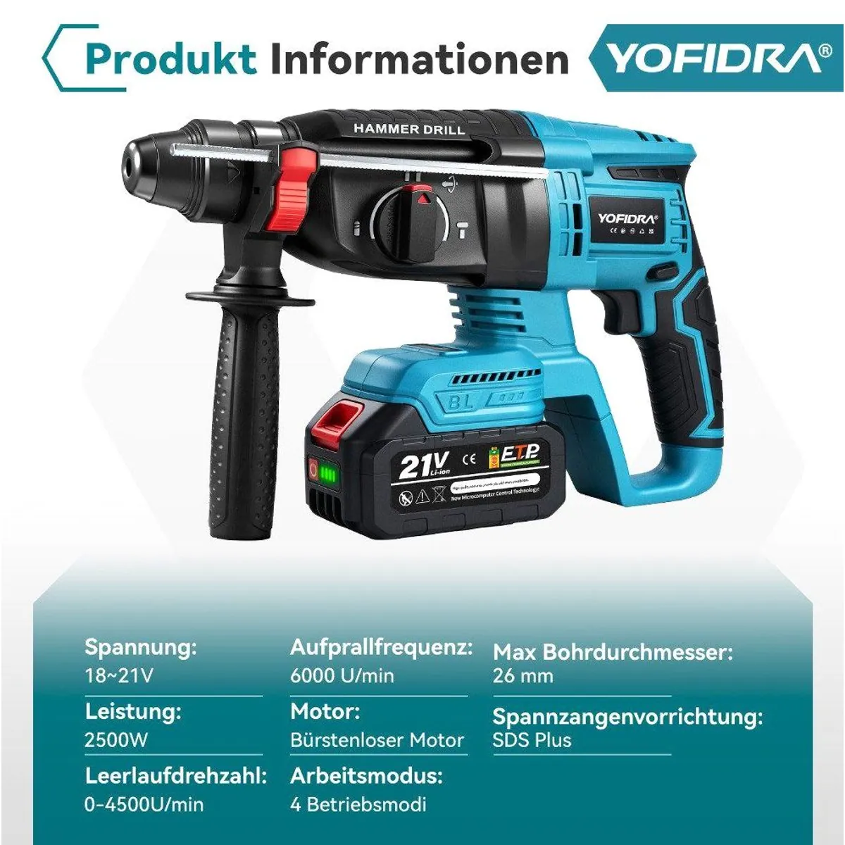 Yofidra Akku-Bohrhammer, bürstenloser Motor, 4 in 1 Funktionen 3